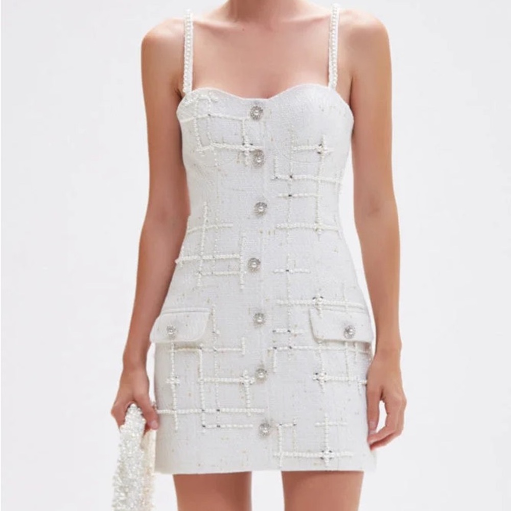 White Tweed Button-Front Spaghetti Strap Dress